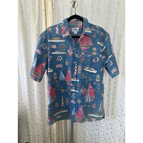 Reyn Spooner Hawaiian Aloha Button Down Unique Textile Sailboat Collar Shirt XL